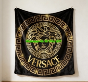 Versace Black Gold Glowing Medusa Greek Key Logo Printed Flannel Throw Blanket IMG_1260